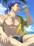  1boy abs black_shorts blue_hair bottle clouds cu_chulainn_(fate) cu_chulainn_(fate/stay_night) day earrings fate/grand_order fate/stay_night fate_(series) hand_up hawaiian_shirt highres holding holding_bottle indian_style jewelry male_focus mondi_hl navel nipples open_clothes open_shirt outdoors ponytail red_eyes shirt shorts sitting sky solo teeth toned toned_male tongue tongue_out twitter_username water_bottle 