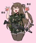  1girl :d bad_id bad_pixiv_id bangs brown_hair brown_legwear camouflage camouflage_jacket camouflage_shorts closed_eyes daewoo_k2 girls_frontline gun hair_between_eyes hair_ornament hairpin jacket jagd k2_(girls&#039;_frontline) leggings long_hair military military_uniform open_mouth pink_background rifle shorts simple_background sleeves_rolled_up smile solo uniform watch weapon 