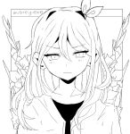  aubrey_(omori) black_shirt blush flower frown greyscale hair_between_eyes hair_ribbon half-closed_eyes jacket lain_(basilomori) lineart long_hair looking_at_viewer monochrome omori ribbon shirt upper_body white_background windows_desktop 