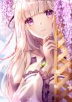  1girl absurdres bangs bare_shoulders braid breasts caron commentary dress emilia_(re:zero) eyebrows_visible_through_hair flower frilled_sleeves frills gem hair_flower hair_ornament hair_ribbon highres huge_filesize large_breasts long_hair long_sleeves looking_at_viewer pointy_ears re:zero_kara_hajimeru_isekai_seikatsu ribbon shiny shiny_hair silver_hair solo symbol-only_commentary violet_eyes white_dress 
