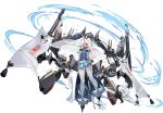  1girl aircraft airplane azur_lane bangs black_footwear black_hair blue_eyes breasts cape earrings eyebrows_visible_through_hair full_body hair_ornament hand_on_hip highres izuru_(timbermetal) japanese_clothes jewelry katsuragi_(azur_lane) long_hair looking_at_viewer machinery official_art open_mouth see-through shiny shiny_hair small_breasts smile solo standing thigh-highs tied_hair transparent_background turret twintails weapon white_legwear 
