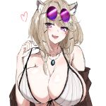  1girl :d animal_ear_fluff animal_ears arknights bangs bikini black_shirt breasts eyebrows_visible_through_hair eyewear_on_head fang heart highres huge_breasts jewelry light_brown_hair looking_at_viewer maiq06 necklace official_alternate_costume open_clothes open_mouth open_shirt round_eyewear shirt short_hair sketch skin_fang smile strap_pull sunglasses swimsuit upper_body utage_(arknights) utage_(summer_flowers)_(arknights) violet_eyes white_background 