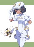  1girl aether_foundation_employee aether_foundation_uniform bangs banned_artist black_hair breasts closed_mouth commentary_request dark-skinned_female dark_skin eyebrows_visible_through_hair gloves hat highres jumpsuit looking_at_viewer nin_(female) one_eye_closed pokemon pokemon_(creature) pokemon_(game) pokemon_sm ribombee short_hair sleeves_rolled_up smile split_mouth white_gloves white_headwear white_jumpsuit 