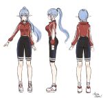  1girl arm_cutout ass black_shorts blue_hair character_sheet elf english_commentary highres indie_virtual_youtuber jacket long_hair long_pointy_ears open_hand pointy_ears ponytail rae_laveire rae_laveire_(artist) red_jacket shoes shorts sketch sneakers track_jacket violet_eyes virtual_youtuber white_background white_footwear 