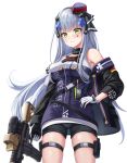  1girl absurdres assault_rifle bangs black_jacket black_ribbon black_shorts blue_hair blush breasts closed_mouth crossed_bangs daisy_cutter eyebrows_visible_through_hair from_below german_flag girls_frontline gloves green_eyes gun h&amp;k_hk416 hair_ornament hair_ribbon hand_on_hip hat highres hk416_(girls&#039;_frontline) holding holding_weapon jacket jacket_pull long_hair medium_breasts mini_hat purple_headwear ribbon rifle shorts solo standing teardrop teardrop_facial_mark teardrop_tattoo uniform weapon white_background white_gloves 