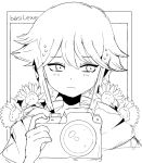  basil_(omori) blush camera closed_mouth flower frown greyscale hair_between_eyes highres holding holding_camera lain_(basilomori) lineart looking_away monochrome omori short_hair simple_background sunflower sweat sweatdrop upper_body white_background windows_desktop 