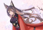  1girl amagi_(azur_lane) animal_ears azur_lane bangs breasts brown_hair chan&#039;nu cherry_blossoms commentary_request fox_ears fox_girl highres japanese_clothes kimono large_breasts long_hair looking_at_viewer smile solo violet_eyes 