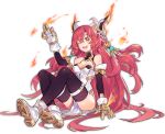  1girl :d ;d ark_order artist_request bangs bare_shoulders black_legwear boots breasts detached_sleeves dress fire gauntlets gloves horns knees_up large_breasts long_hair looking_at_viewer official_art one_eye_closed open_mouth orange_eyes qilin_(ark_order) redhead side_slit sitting smile solo tachi-e thigh-highs transparent_background very_long_hair w white_dress white_footwear white_gloves 