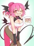  1girl armpit_crease bat_wings bent_over black_wings boots breasts chapter_number dress fangs fangs_out hands_on_own_knee head_wings highres large_breasts one_eye_closed pantyhose pink_eyes pink_hair sumire_(yakunitatsu_node_chi_o_kudasai) vampire vietnamese_dress white_dress wings yakunitatsu_node_chi_o_kudasai zyugoya 