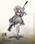  1girl arm_tattoo artist_request barcode barcode_tattoo black_bow black_footwear black_gloves bow braid breasts character_name closed_mouth commentary_request copyright_name dress eyebrows_visible_through_hair floor french_braid girls_frontline gloves grey_eyes grey_hair gun hair_bow hair_ornament hairband hairclip highres hs.50_(girls&#039;_frontline) long_hair looking_at_viewer official_art pantyhose rifle shoes simple_background small_breasts sniper_rifle solo standing tattoo thighs twintails weapon weapon_on_back white_dress white_eyepatch white_legwear 