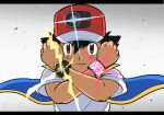  1boy ash_ketchum bangs baseball_cap black_hair blue_jacket brown_eyes clenched_hands closed_mouth commentary dynamax_band energy hands_up hat jacket male_focus pokemon pokemon_(anime) pokemon_swsh_(anime) red_headwear shirt short_hair short_sleeves sleeveless sleeveless_jacket solo spiky_hair sungyeah t-shirt upper_body white_shirt z-ring 