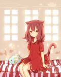  1girl animal_ears bangs beige_background blush cat_ears cat_girl cat_tail coco_(hinatacoco) dress fish_pillow hair_between_eyes indoors looking_at_viewer original red_dress red_eyes redhead short_sleeves sitting solo striped tail window 