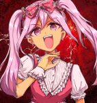  1girl asbhp0 bow dress head_tilt highres laughing long_hair looking_at_viewer omori open_mouth pink_dress pink_eyes pink_hair red_background red_bow short_sleeves smile solo sweetheart_(omori) upper_body 