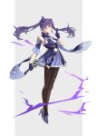  1girl :&lt; absurdres aoiro_(t_aoiro123) bangs black_legwear breasts choker closed_mouth detached_sleeves double_bun dress full_body genshin_impact gloves high_heels highres holding holding_sword holding_weapon keqing_(genshin_impact) long_hair medium_breasts pantyhose purple_choker purple_dress purple_footwear purple_gloves purple_hair simple_background solo sword tassel twintails two-tone_background violet_eyes weapon 