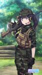  1girl absurdres black_hair blue_eyes camouflage feet_out_of_frame game_cg gloves gridman_universe gun highres holding holding_weapon huge_filesize long_hair looking_at_viewer military military_uniform official_art outdoors ponytail solo ssss.gridman takarada_rikka tree uniform weapon 
