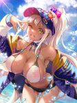  1girl ass_visible_through_thighs bangs bent_over bikini bikini_under_clothes blonde_hair blue_sky breasts clouds collarbone dark-skinned_female dark_skin day eyewear_on_head floating_hair hololive hololive_english jacket kubota_masaki large_breasts looking_at_viewer navel off_shoulder one_eye_closed open_mouth planet_hair_ornament ponytail purple_jacket short_shorts shorts sidelocks sky smile solo sunglasses sunlight swimsuit tan tsukumo_sana upper_teeth v visor_cap water water_drop wet wet_clothes wet_swimsuit yellow_eyes 