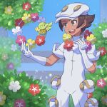  1boy :d aether_foundation_employee aether_foundation_uniform banned_artist blush brown_hair bush comfey commentary_request flower gloves grey_eyes hands_up hat highres holding jumpsuit male_focus nin_(female) open_mouth pokemon pokemon_(creature) pokemon_(game) pokemon_sm purple_flower red_flower short_hair sleeves_rolled_up smile tongue upper_teeth white_flower white_gloves white_headwear white_jumpsuit yellow_flower 
