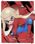  1girl bangs blonde_hair blue_bodysuit blue_pants bodysuit border cosplay fangs full_body gloves highres holding holding_string inkling long_hair matsushita_(matsudbox) open_mouth pants pointy_ears red_background red_bodysuit red_gloves smile solo spider-man spider-man_(cosplay) splatoon_(series) string white_border yellow_eyes 