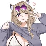  1girl ;) animal_ears arknights bangs bikini bikini_under_clothes blonde_hair blush breasts clothes_lift fang grey_shirt hair_ornament heart large_breasts long_sleeves maiq06 one_eye_closed shirt shirt_lift simple_background skin_fang smile solo striped swimsuit tail tongue tongue_out upper_body utage_(arknights) utage_(summer_flowers)_(arknights) v vertical-striped_bikini vertical_stripes violet_eyes white_background 