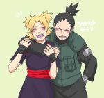  1boy 1girl :d bangs black_hair black_pants black_shirt blonde_hair blush closed_eyes forehead green_background green_vest hand_in_pocket hand_on_another&#039;s_shoulder highres kishimoto_masashi_(style) long_sleeves nara_shikamaru naruto_(series) naruto_shippuuden ninja open_mouth pants pinoko_(pnk623) ponytail purple_shirt shirt short_sleeves simple_background smile teeth temari_(naruto) vest 