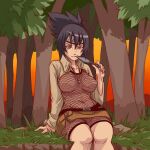 1girl bangs bodysuit breasts brown_eyes brown_jacket fang fishnet_bodysuit fishnets forehead_protector grass hair_between_eyes highres holding holding_weapon in_mouth jacket jewelry kunai long_hair long_sleeves looking_at_viewer mitarashi_anko naruto naruto_(series) navel necklace ninja on_floor open_clothes open_jacket outdoors plague_of_gripes ponytail purple_hair sitting smile sunset tree weapon 