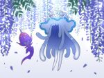  banned_artist blurry commentary_request flower full_body nihilego nin_(female) no_humans open_mouth petals poipole pokemon pokemon_(creature) purple_flower smile ultra_beast white_background 