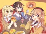  +_+ 3girls ahoge beige_sweater beret black_hair black_headwear blonde_hair blue_eyes blue_sweater braid brown_eyes burger cable calling cellphone charger charging_device commentary_request drink eating electric_plug electric_socket food french_fries hair_flaps hair_ornament hair_over_shoulder hat heterochromia kantai_collection long_hair multiple_girls murasame_(kancolle) phone recharging red_eyes remodel_(kantai_collection) ren_kun sailor_collar school_uniform serafuku shigure_(kancolle) shiratsuyu_(kancolle) single_braid sweater twitter_username upper_body white_sailor_collar yellow_sweater yuudachi_(kancolle) 