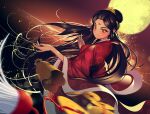  1girl bell black_hair china_dress chinese_clothes coin dress facial_mark floating_hair forehead_mark glint hair_ornament knot light_blush light_particles long_hair mid-autumn_festival moon original red_eyes seloo solo sparkle tsurime 