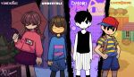 2boys 2girls :| absurdres bangs black_eyes black_hair black_legwear black_tank_top blue_shirt blue_shorts braid brown_hair closed_eyes closed_mouth colored_skin crossover frisk_(undertale) hand_on_hip hat highres holding holding_stick holding_umbrella long_hair long_sleeves looking_at_viewer madotsuki mother_(game) mother_2 multiple_boys multiple_girls ness_(mother_2) omori omori_(omori) pink_sweater red_headwear red_skirt shirt short_hair short_sleeves shorts skirt smile socks stick striped striped_shirt sweater tank_top twin_braids umbrella undertale white_shorts white_skin xndartsreal yellow_shirt yume_nikki 