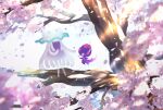  banned_artist blurry cherry_blossoms commentary_request light_rays nihilego nin_(female) no_humans petals poipole pokemon pokemon_(creature) smile tree ultra_beast white_background 
