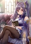  1girl absurdres bangs blurry blurry_background blurry_foreground blush book braid breasts brown_legwear character_doll choker collared_dress commentary_request couch crossed_legs depth_of_field detached_sleeves dress feet_out_of_frame genshin_impact hair_cones hair_ornament highres holding holding_book indoors keqing_(genshin_impact) light_particles long_hair long_sleeves looking_at_viewer medium_breasts on_couch open_book pantyhose parted_lips purple_choker purple_dress purple_hair red_eyes sidelocks sitting solo tassel tenton_(henatyo) twintails very_long_hair zhongli_(genshin_impact) 