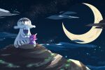  banned_artist clouds commentary_request crescent_moon holding kneeling moon night nihilego nin_(female) no_humans outdoors poipole pokemon pokemon_(creature) rock sky star_(sky) ultra_beast 