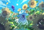  banned_artist clouds commentary_request day flower from_below nihilego nin_(female) no_humans outdoors petals poipole pokemon pokemon_(creature) sky smile sun sunflower ultra_beast 