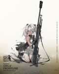  1girl arm_tattoo artist_request black_bow black_footwear black_gloves bow braid breasts character_name closed_mouth commentary_request copyright_name dress eyebrows_visible_through_hair floor french_braid girls_frontline gloves grey_eyes grey_hair gun hair_bow hair_ornament hairband hairclip highres holding holding_weapon hs.50_(girls&#039;_frontline) long_hair looking_away official_art on_floor pantyhose rifle shoes simple_background small_breasts sniper_rifle sniper_scope solo tattoo thighs torn_clothes torn_dress torn_legwear twintails weapon white_dress white_eyepatch white_legwear 