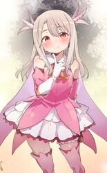  1girl atage bare_shoulders blush cape closed_mouth colored_skin contrapposto dress elbow_gloves fate/kaleid_liner_prisma_illya fate_(series) finger_to_own_chin gloves grey_hair hair_ornament hand_up layered_gloves long_hair looking_at_viewer pink_cape pink_dress prisma_illya red_eyes smile solo thigh-highs two_side_up white_gloves white_skin 