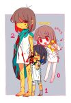  3girls angel aqua_cape bandages black_hair blood blue_cape brown_hair cape chara_(undertale) closed_eyes closed_mouth crying deltarune floating frisk_(undertale) full_body half-closed_eyes halo holding holding_another&#039;s_arm kris_(deltarune) looking_at_another looking_at_viewer multiple_girls one_eye_covered open_mouth red_eyes shiny shirt simple_background smile soseji_(tjduswjd) standing teardrop tears undertale white_background white_shirt 