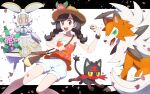 1girl :d bag banned_artist brown_hair collarbone commentary_request eyelashes floral_print flower hat hat_flower holding holding_poke_ball holding_strap leaf litten long_hair looking_at_viewer lycanroc lycanroc_(dusk) magearna mythical_pokemon nin_(female) open_mouth orange_shirt petals poke_ball poke_ball_(basic) pokemon pokemon_(creature) pokemon_(game) pokemon_usum selene_(pokemon) shirt shorts shoulder_bag sleeveless sleeveless_shirt smile tongue upper_teeth white_shorts 