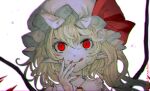  1girl :q artist_name bangs blonde_hair commentary_request crystal fingernails flandre_scarlet hair_between_eyes hand_up hat hat_ribbon highres long_fingernails long_hair mob_cap mochacot one_side_up pointy_ears portrait red_eyes red_nails red_ribbon ribbon slit_pupils smile solo tongue tongue_out touhou white_background white_headwear wings 