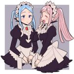  2girls apron black_dress blue_hair blush closed_eyes closed_mouth collar do_m_kaeru dress feather_trim felicia_(fire_emblem) fire_emblem fire_emblem_fates flora_(fire_emblem) forehead frilled_collar frills grey_eyes juliet_sleeves long_hair long_sleeves looking_at_another maid maid_headdress multiple_girls open_mouth pink_hair ponytail puffy_sleeves siblings sidelocks sisters smile straight_hair twins twintails twitter_username upper_body waist_apron white_apron 