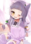  1girl ;o absurdres animal_ears bangs bloomers blunt_bangs cat_ears commentary_request eyebrows_visible_through_hair fake_animal_ears frills hair_ornament hat highres hololive long_hair long_sleeves looking_at_viewer low-tied_long_hair low_twintails murasaki_shion noi_mine one_eye_closed pajamas pillow purple_legwear sidelocks silver_hair sitting solo thigh-highs twintails underwear virtual_youtuber waking_up yellow_eyes younger zettai_ryouiki 