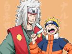  2boys :d blonde_hair character_name closed_eyes food forehead_protector green_kimono grin highres holding holding_food jacket japanese_clothes jiraiya_(naruto) kimono long_hair long_sleeves multiple_boys naruto naruto_(series) ninja open_mouth orange_background orange_jacket pinoko_(pnk623) popsicle smile teeth uzumaki_naruto white_hair 