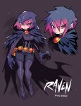  1girl absurdres bangs black_hair breasts cape character_name closed_mouth commentary dc_comics earrings elbow_gloves eyebrows_visible_through_hair feathered_cape full_body gloves gradient_hair highres jewelry leotard looking_at_viewer medium_breasts multicolored_hair pantyhose purple_gloves rariatto_(ganguri) raven_(dc) red_eyes redhead short_hair solo standing teen_titans thigh-highs two-tone_hair v-shaped_eyebrows 