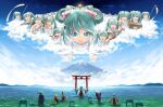  2boys 6+girls anniversary aqua_eyes aqua_hair arms_up artist_name backlighting banner bare_shoulders blonde_hair blue_hair blue_kimono blue_robe bow brown_hair clone clouds commentary cymbals day detached_sleeves drum drumsticks floating flute from_behind hair_bow hakama hakama_skirt hands_together hatsune_miku highres instrument instrument_request japanese_clothes kagamine_len kagamine_rin kaito_(vocaloid) kimono lolita_majin long_hair looking_at_viewer lute_(instrument) megurine_luka meiko miko mikudayoo monk mount_fuji mountainous_horizon multiple_boys multiple_girls multiple_persona ocean open_mouth outdoors outstretched_arms pink_hair praying red_skirt robe scenery shinto shirt shiteyan&#039;yo short_hair skirt sleeveless sleeveless_shirt smile spiky_hair statue t-pose toga torii twintails very_long_hair very_wide_shot vocaloid wading white_bow white_shirt white_sleeves wide_sleeves 