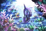  air_bubble banned_artist bubble carvanha clauncher closed_eyes commentary_request coral eyelashes finneon fish legendary_pokemon light_rays looking_at_viewer nin_(female) no_humans pokemon pokemon_(creature) seaweed shellos skrelp tapu_fini underwater wimpod 