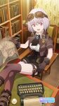  1girl absurdres ascot black_shorts bookshelf brown_legwear compass feet_out_of_frame game_cg goggles goggles_on_head gridman_universe highres holding holding_map huge_filesize indoors map official_art pink_hair red_eyes shinjou_akane short_hair shorts solo ssss.gridman steampunk thigh-highs typewriter v-shaped_eyebrows 