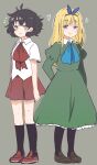  2girls absurdres alternate_costume arms_at_sides bangs black_hair black_legwear blind_girl_(popopoka) blonde_hair blush borrowed_character brown_footwear brown_skirt bully_girl_(popopoka) dress eyebrows_visible_through_hair freckles green_dress grey_eyes heart highres juliet_sleeves kneehighs long_sleeves multiple_girls neqo original pantyhose puffy_sleeves red_footwear red_neckwear shirt short_hair skirt smile standing white_shirt 