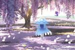  banned_artist commentary_request day flower grass nihilego nin_(female) no_humans outdoors petals poipole pokemon pokemon_(creature) smile standing tree ultra_beast 