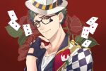  1boy black_jacket black_vest brown_eyes card closed_mouth club_(shape) diamond_(shape) facial_mark falling_card floral_background flower glasses green_hair hand_on_own_face hat heart highres jacket katena_souka looking_at_viewer male_focus multicolored multicolored_clothes multicolored_jacket open_clothes open_jacket ornate_clothes red_background red_flower red_rose rose rose_background shirt short_hair smile solo spade_(shape) trey_clover twisted_wonderland two-tone_jacket upper_body vest white_jacket white_shirt 