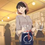  1girl apron bandana bangs barmaid black_eyes black_hair breasts cup drinking_glass highres low_ponytail medium_hair original ponytail solo_focus waist_apron wakamatsu372 