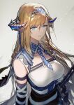  1girl arknights belt blonde_hair blue_eyes breasts dragon_girl dragon_horns headband highres holding holding_sword holding_weapon horns long_hair looking_at_viewer necktie open_mouth saileach_(arknights) shirt sleeveless sleeveless_shirt smile solo sword upper_body weapon xiayehongming 